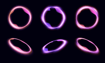 Wall Mural - set of bright glowing futuristic rings and circles with bright purple glow isolated on black backgro