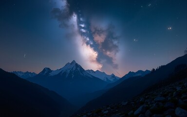 Wall Mural - Stunning night landscape featuring the bright Milky Way galaxy over majestic mountains. A breathtaking starry sky perfect for nature, astronomy, and adventure themes. High quality