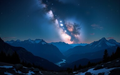 Wall Mural - Stunning night landscape featuring the bright Milky Way galaxy over majestic mountains. A breathtaking starry sky perfect for nature, astronomy, and adventure themes. High quality