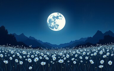 Wall Mural - Serene night landscape Full moon illuminates a field of white cosmos flowers under a starry sky, mountains in the background, perfect for calming backgrounds or nature themes. High quality