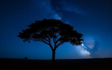 panorama blue night sky milky way and star on dark background.tree silhouetted against a dark night.