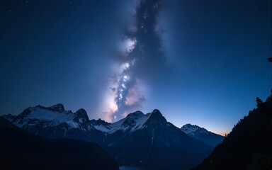 Wall Mural - Stunning night landscape featuring the bright Milky Way galaxy over majestic mountains. A breathtaking starry sky perfect for nature, astronomy, and adventure themes. High quality