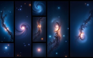 a series of images of the night sky with stars and galaxies. the images are all different sizes and 
