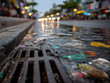 © john - A street drain clogged with plastic garbage, solid urban setting background, ample copy space for text, urban waste management and pollution prevention concept