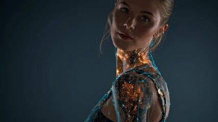 Wall Mural - Neural network light trails spreading across tattooed skin, slowly rotating against shadowy backdrop, visualizing digital connection between biology and technology