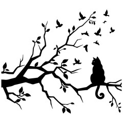 cat on a tree with birds, vector