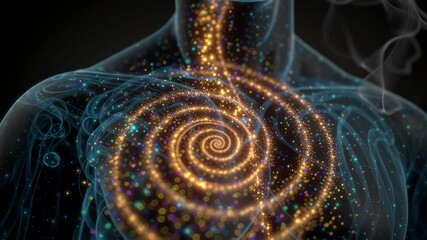 Wall Mural - Golden particles are swirling in a spiral shape inside a transparent human chest, flowing upwards through the throat, symbolizing energy, breath, or life force