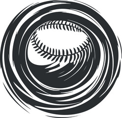 Wall Mural - Black and white abstract illustration of a baseball in motion with swirling circular lines