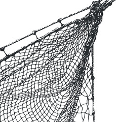 Close-up illustration of a fishing net tied with ropes showing detailed mesh and knots
