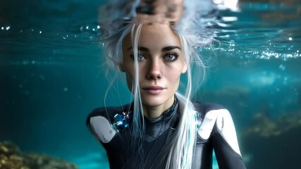 Wall Mural - a woman with long white hair in a black and white diving suit underwater surrounded by bubbles and b