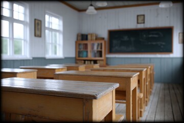 Wall Mural - classroom interior with desks, chalkboard, and books neatly arranged