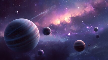 image of planets in outer space against the background of stars and nebulae. deep space travel. illu
