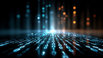 Blue glowing streams of binary code flow in digital space. Futuristic cyberspace environment. Background for technology, data, programming, innovation, security, science, network