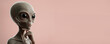 © Milan - Detailed portrait of a thinking alien with copy space. 3D render of a wise, wrinkled extraterrestrial on a pink background. World UDO day banner