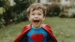 © Intelligent Horizons - young boy dressed in a colorful superhero costume excitedly playing and running in a lush backyard filled with imagination and carefree energy