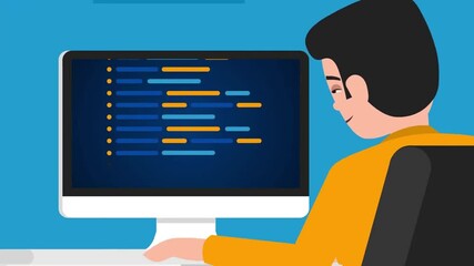 Boy coding on desktop computer in modern animated tech workspace