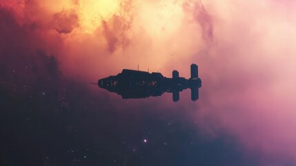 Wall Mural - Futuristic Spacecraft Gliding Through Ethereal Cosmic Clouds in Stunning Neon Colors and Reflections, Captivating Interstellar Scene for Science Fiction Fans