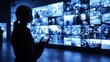 © dhita - A person wearing headphones monitors multiple digital screens, holding a tablet in a dimly lit, high-tech control room.