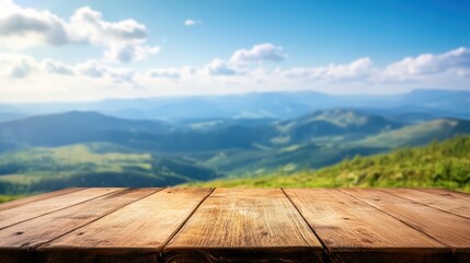 Wall Mural - Wooden table in the foreground with a scenic view of rolling green hills and blue mountains under a partly cloudy sky.