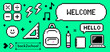 © Mariia - Back to school supplies pixelated icons on green background. Retro game 8 bit pixel art education icon set. Backpack icon, laptop, music notes, pencil and notebook. Speech bubble text Welcome, Hello