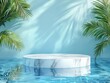 © Keripik - high definition picture of Marble podium stand in swimming pool water with palm leaves tropical summer background high detail 8k