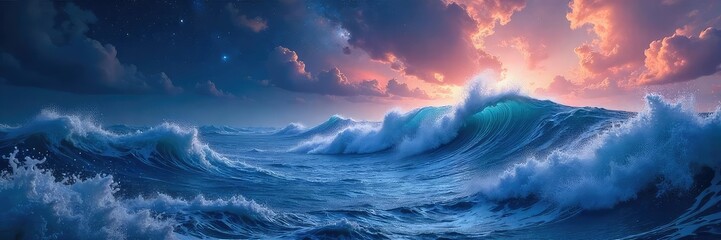 Wall Mural - Celestial waters shimmer with ethereal light, swirling nebulae forming majestic waves in this breathtaking cosmic ocean An otherworldly seascape of infinite beauty , cosmic ocean, universe
