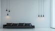 © alice - Modern living room interior design with black leather sofa and pendant lights.