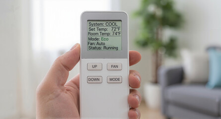 Air conditioner remote control device with digital display and buttons held by hand in an office setting
