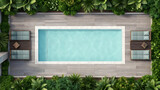 Aerial view of modern rooftop pool and lounge area