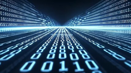 Abstract Digital Data Stream with Binary Code Flowing in Blue Light Displaying Technological Network Structure