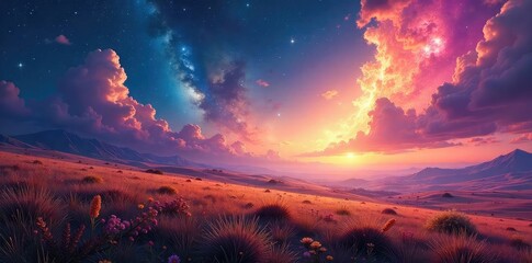 Wall Mural - Vast, ethereal fields stretching to a breathtaking celestial expanse; swirling nebulae paint the heavens with vibrant hues A surreal landscape where earth and cosmos meet , astronomical, field