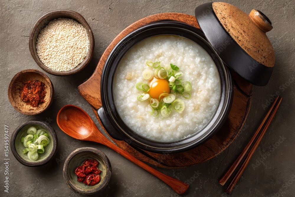 Korean Rice Jook ภาพถ่าย Stock Bird s eye perspective of rice porridge in a clay pot ...