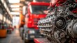© Stock by Hemal - High-quality stock image of disassembled truck engine in repair service. Heavy machinery, diesel motor vehicle part close-up. Red truck blurred background. Maintenance, repair.