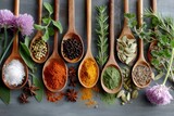 Various herbs and spices in wooden spoons forming a colorful composition