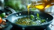 © svastix - This enticing image captures the act of pouring golden olive oil into a pan with fresh herbs, symbolizing the essence of healthy cooking and culinary passion.