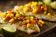 © LimeSky - Tangy mango salsa paired with baked sole seasoned with lemon butter and lime Macro shot Low calorie budget friendly single serving meals Healthy fish dish