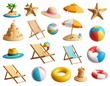 © MdRakibul - beach 3D vector icon set._island,starfish,sunglasses,beach hat,sand castle,swim ring,