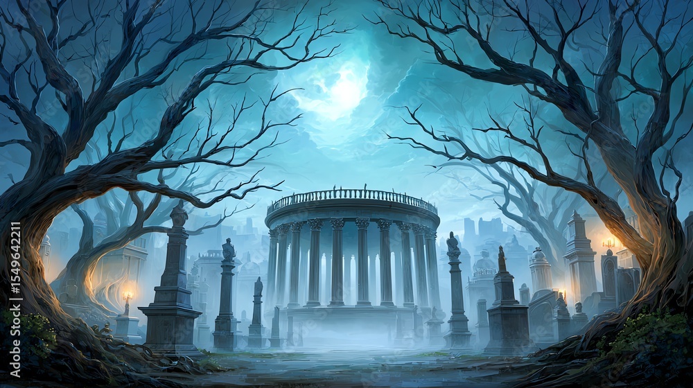 moonlit cemetery with ancient statues and mist, dark twisted trees ...