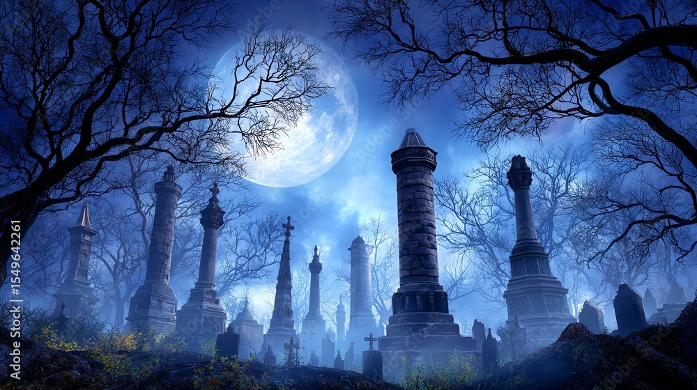 moonlit cemetery with ancient statues and mist, dark twisted trees ...