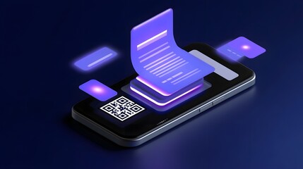 Wall Mural - futuristic mobile device with glowing virtual interface and qr code.