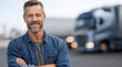 © Prostock-studio - A man in a denim jacket stands confidently with crossed arms next to a large truck at a busy transport location. He showcases pride in his driving profession, smiling in the bright daylight.