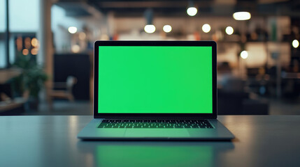 Close-up view of a laptop with a blank green screen placed on a desk in a modern white office interior, blurred background for mockup or digital content presentation design.copy space.mockup.banner