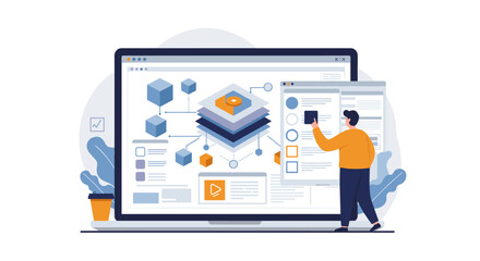 Digital project management and data visualization concept for web design and development vector illustration