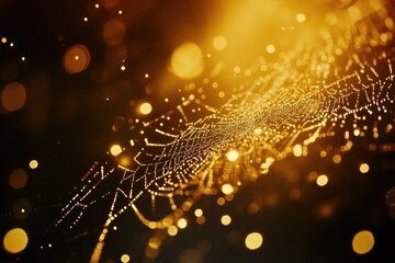 Wall Mural - a glistening spiderweb illuminated by warm, golden light, showcasing intricate details and bokeh.