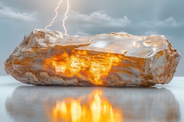 Wall Mural - a large, luminous amber rock glows with inner fire, reflecting on a smooth surface under a stormy sk