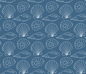 Naklejka na meble Seamless pattern with sea shells drawn in doodle style. Ocean blue background with contour elements