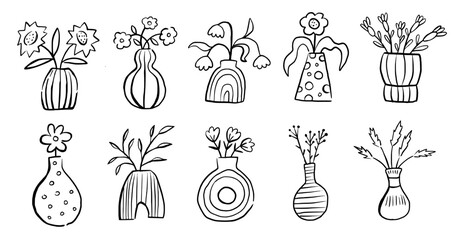 Wall Mural - Set of abstract outline flower bouquet in vase. Trendy doodle ink floral graphic. Drawing botanical elements.