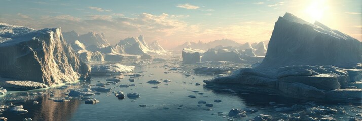 Vast expanse of glacial lake surrounded by icebergs on a softly blurred polar landscape backdrop