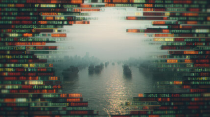 digital overlay of colorful code fragments surrounds cityscape with boats river, creating futuristic