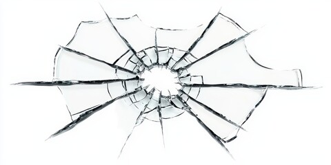 Fractured car windshield with radial cracks, isolated on white background